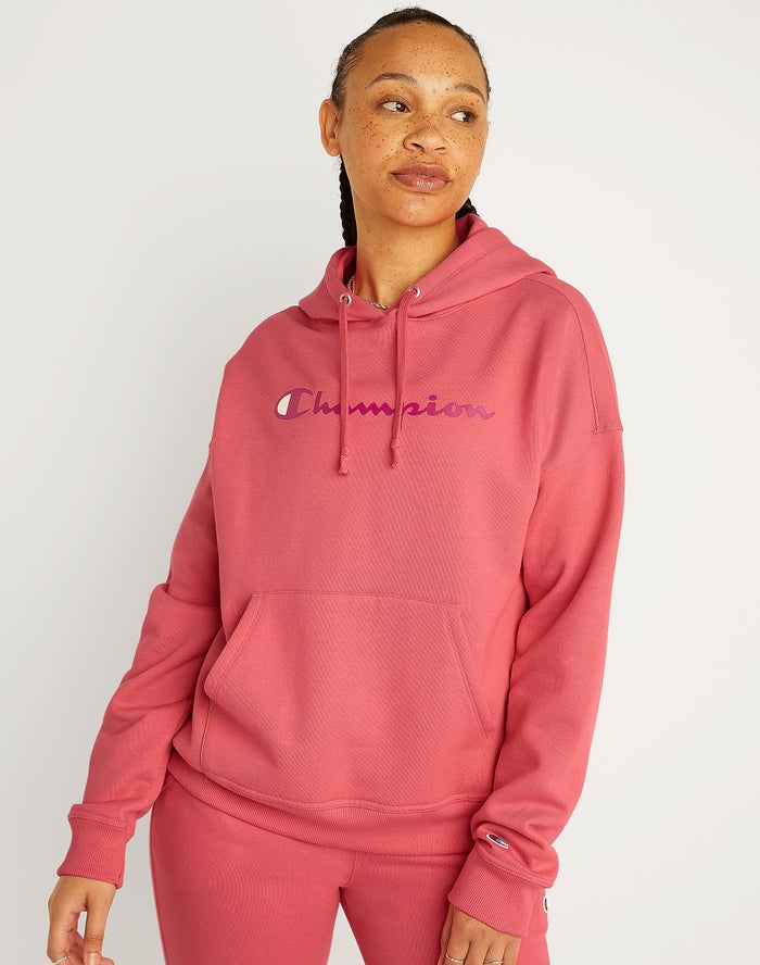Champion Powerblend Fleece Relaxed Script Logo Coral Hoodie Womens - South Africa IYLZPB352
